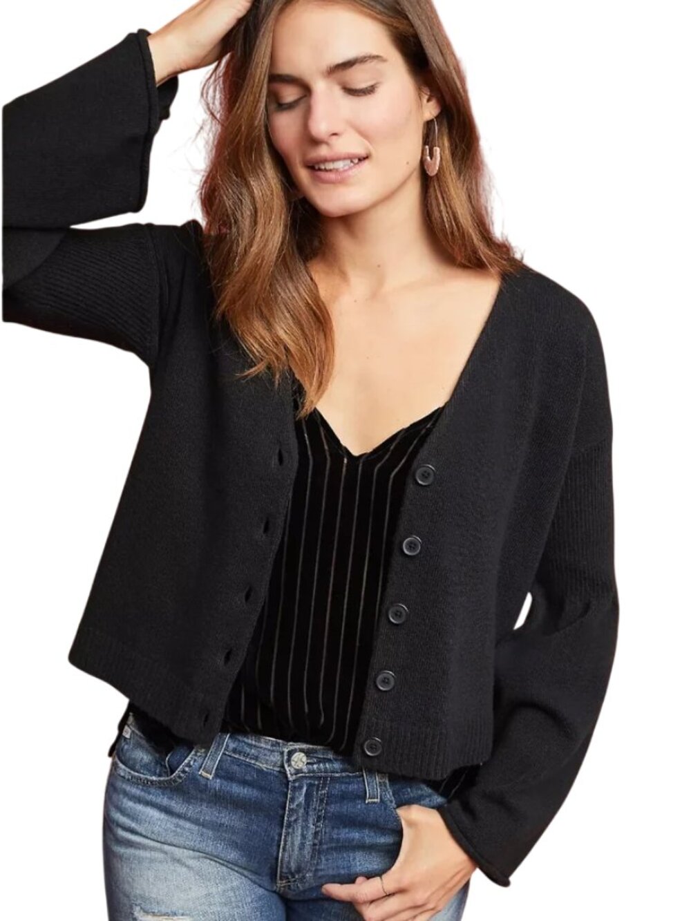 Anthropologie Moth Bell Sleeve Cardigan Merino Wool Blend Knit Black Large
